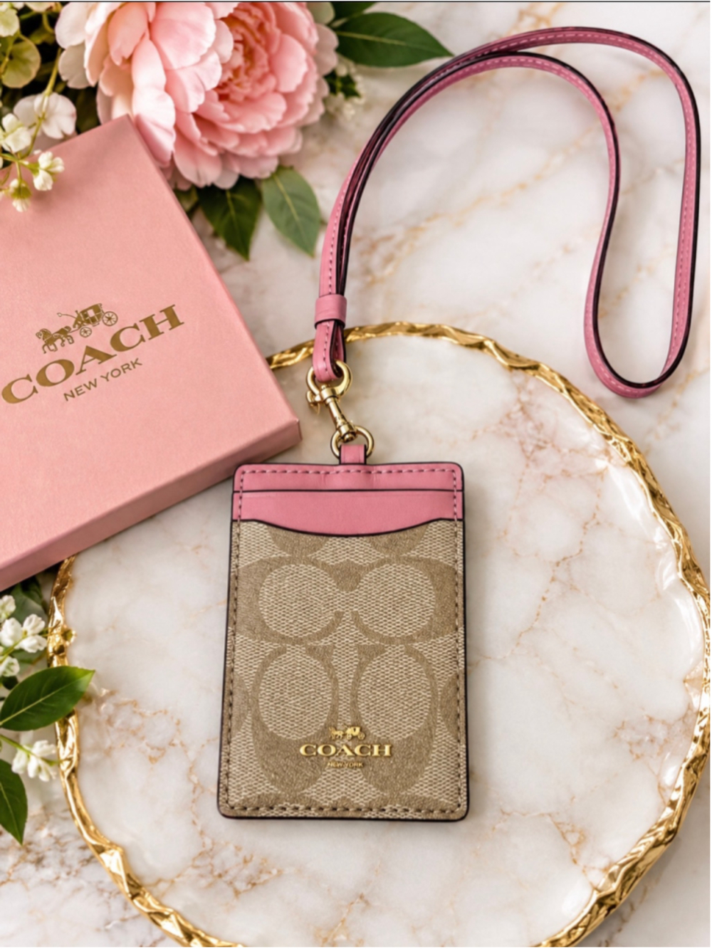Women's Coach Signature Canvas ID Lanyard Card Holder in Beige and Pink